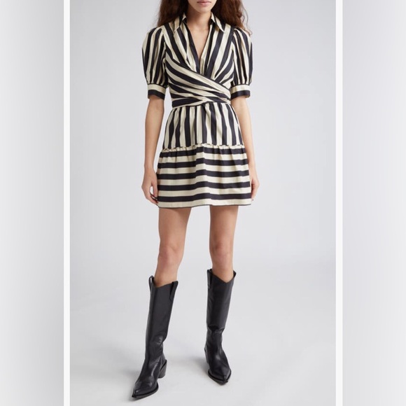 NWT $225 FARM Rio Mixed Stripe Tie Back Minidress in BLACK / OFF WHITE, Small! - Picture 2 of 7
